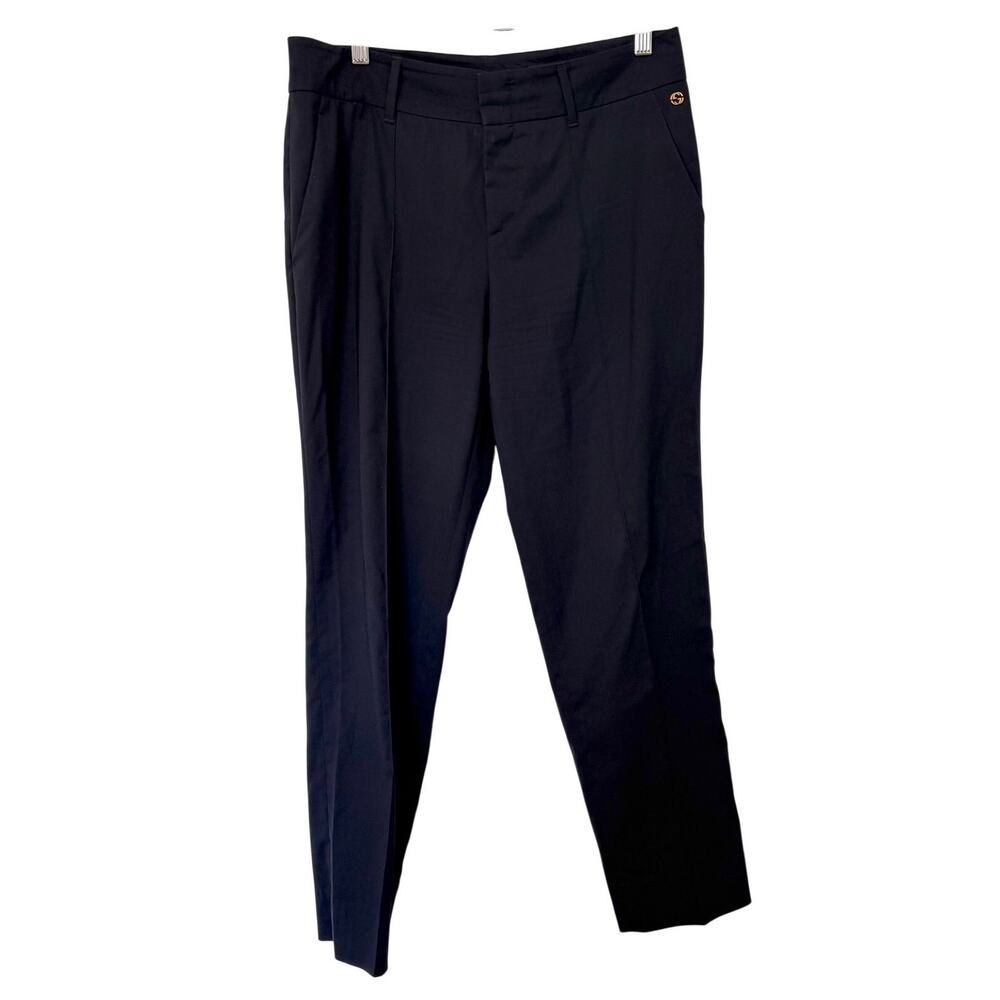 Gucci (42/US 6) Navy Wool Tailored Trousers Gold GG Logo Straight Leg Italy